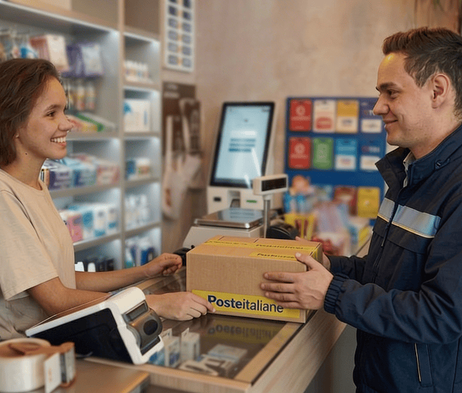 Consegna di un pacco Poste Italiane in tabaccheria